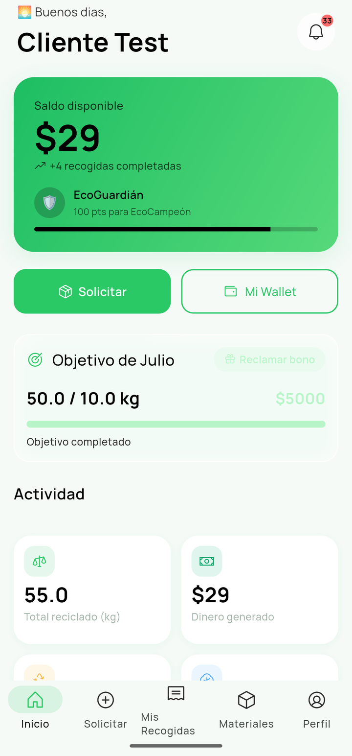 Pantalla de inicio de la app BioPay mostrando saldo disponible y actividad reciente